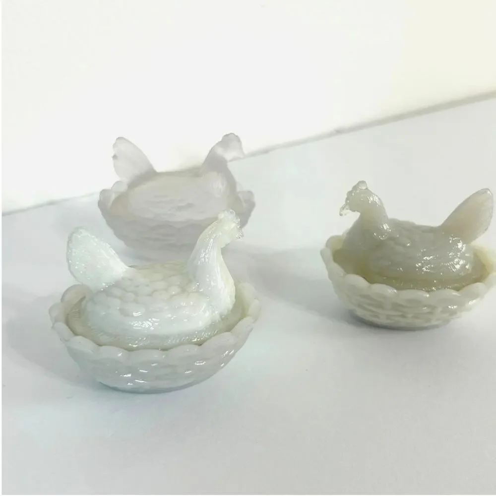 Vallerysthal Mini Hen on Nest Lot 3 Covered Salt Cellars Opaline Milk Glass